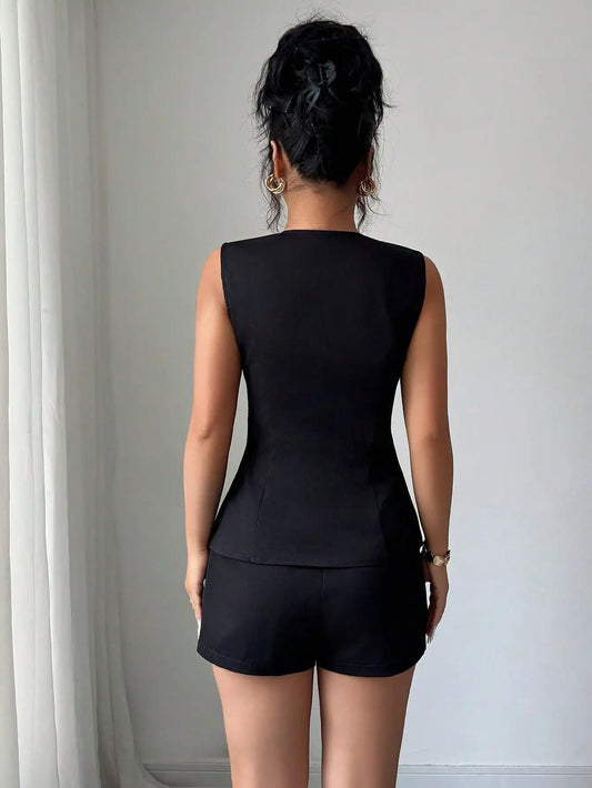 Black Women's Two-Piece Sleeveless Set with Gold Buttons & Peplum Waist