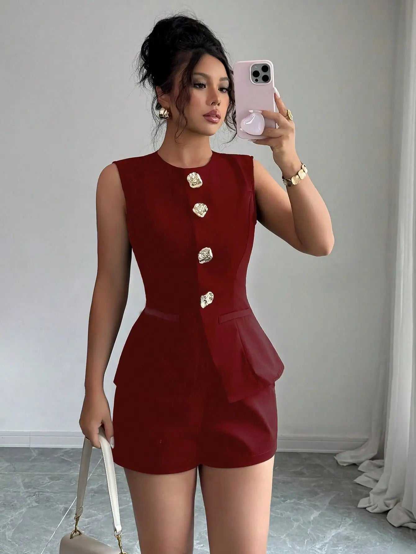 Black Women's Two-Piece Sleeveless Set with Gold Buttons & Peplum Waist