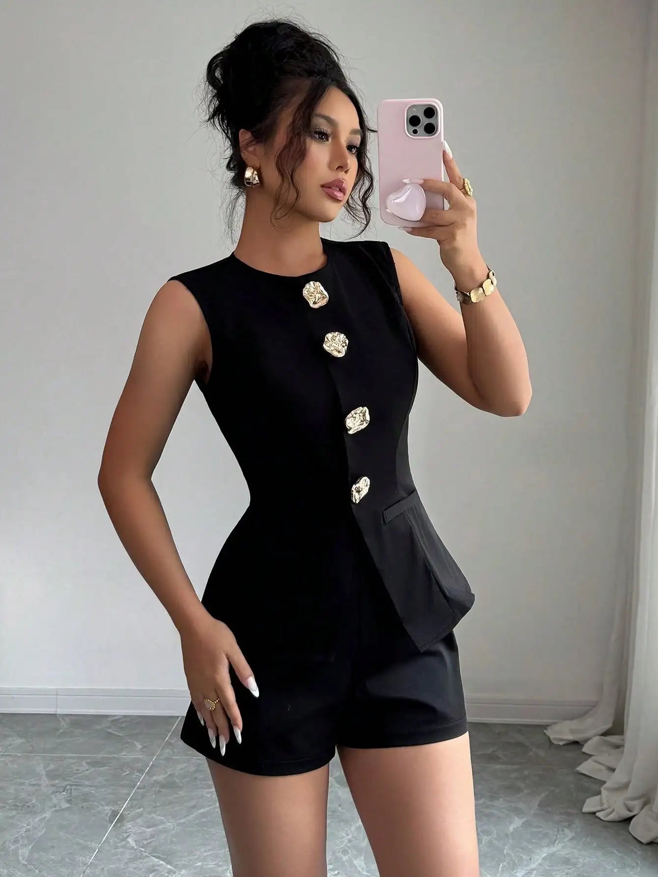 Black Women's Two-Piece Sleeveless Set with Gold Buttons & Peplum Waist