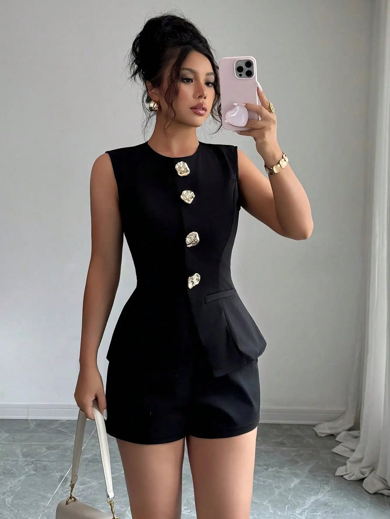 Black Women's Two-Piece Sleeveless Set with Gold Buttons & Peplum Waist